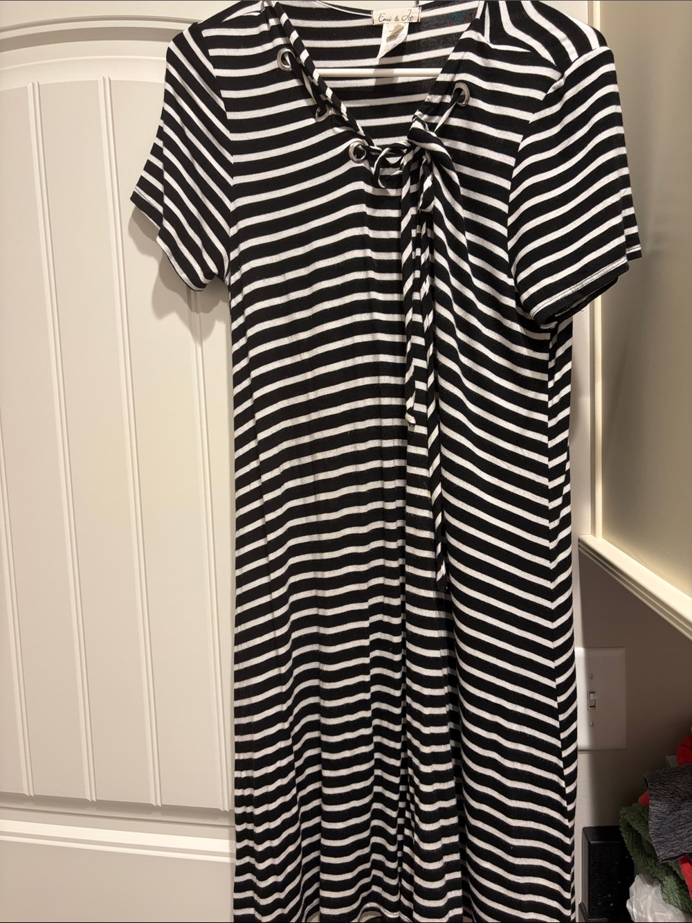Striped Black & White Tie Neck Dress
